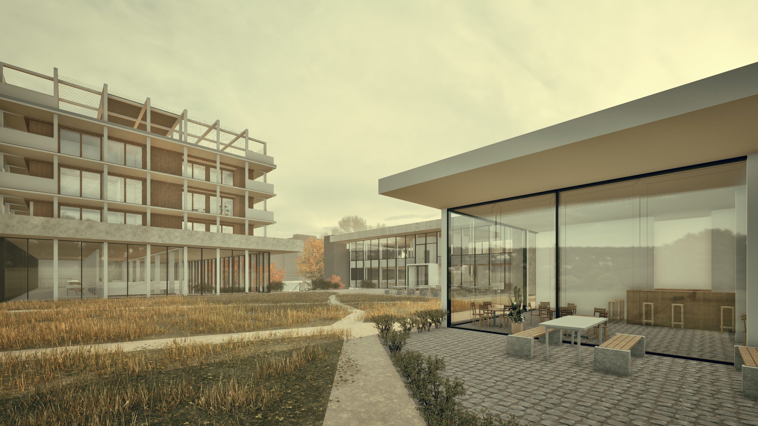 Perspektive des Ensembles aus Hauptgebäude, Mensa und Pavillon im Grünraum