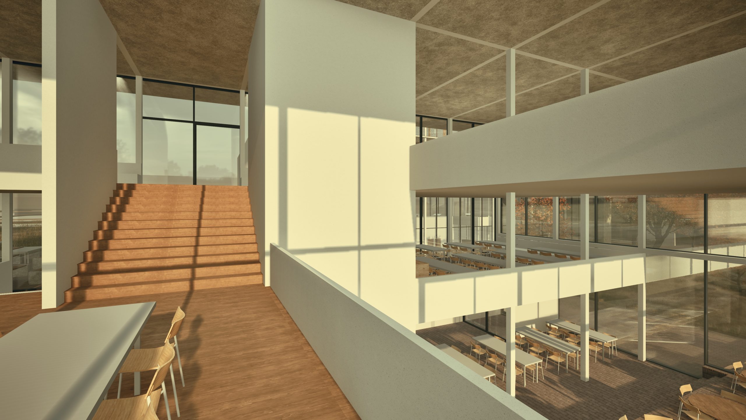 Perspektive eines mehrgeschossigen Innenraums mit Treppe und Arbeitsplätzen