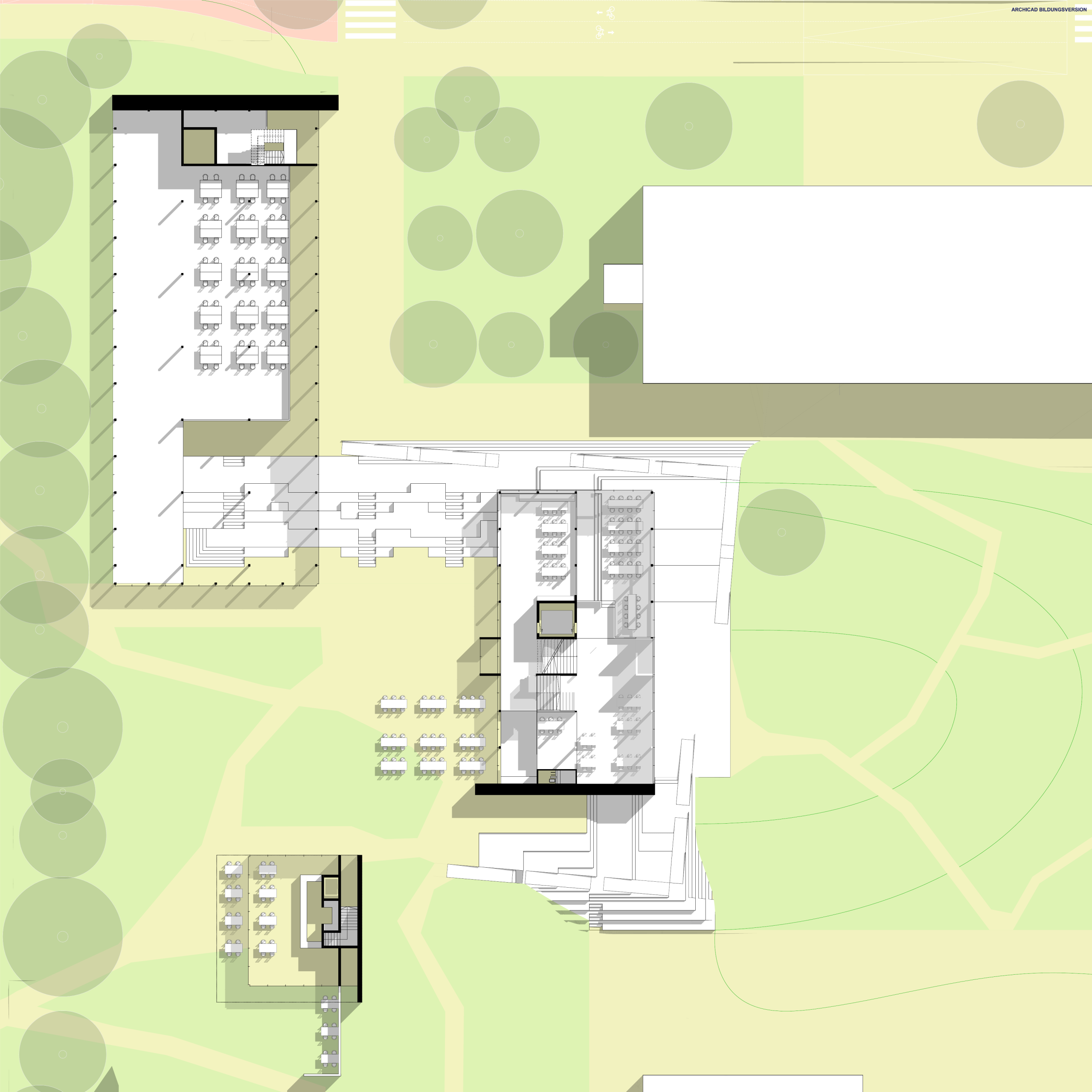 Hauptgrundriss mit Freiraum, Hauptgebäude, Mensa und Pavillon
